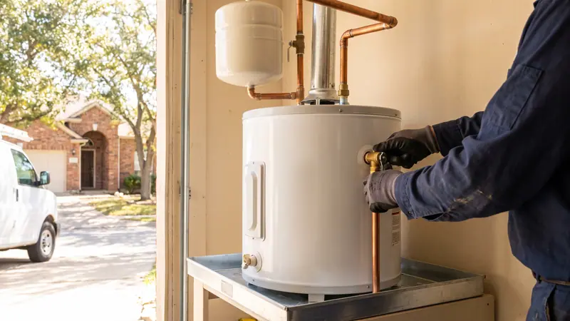 New water heater installed in a Texas garage after a water heater replacement