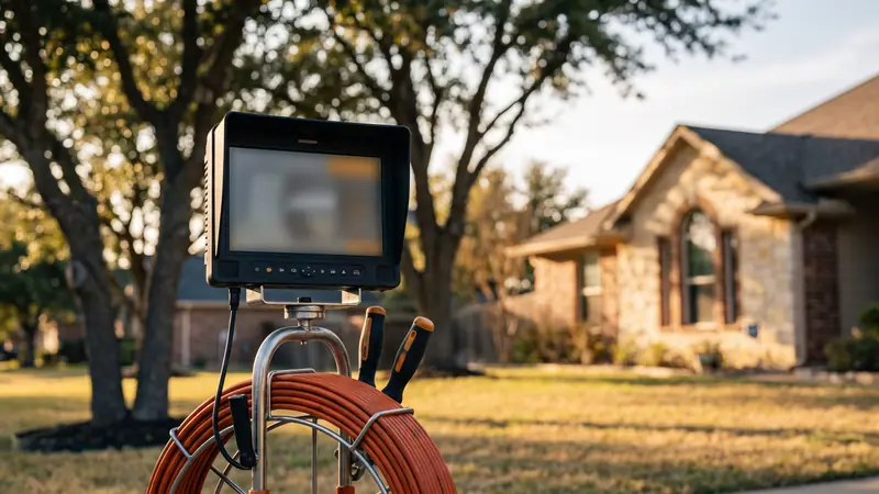 Plumber reviewing a sewer camera inspection on a monitor during a sewer line diagnosis
