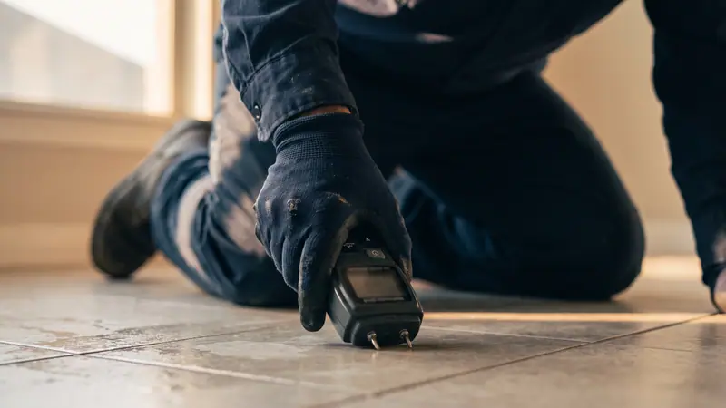 Moisture meter showing an elevated reading on a concrete slab floor, a common sign of a slab leak