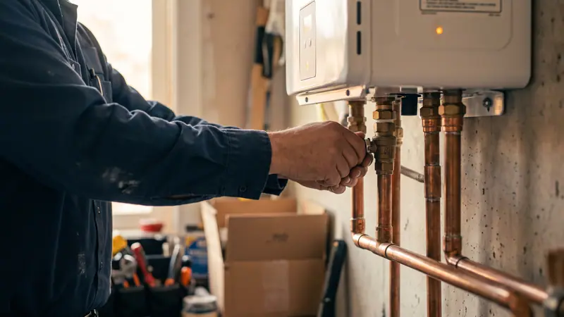 Wall-mounted tankless water heater installed in a Texas home