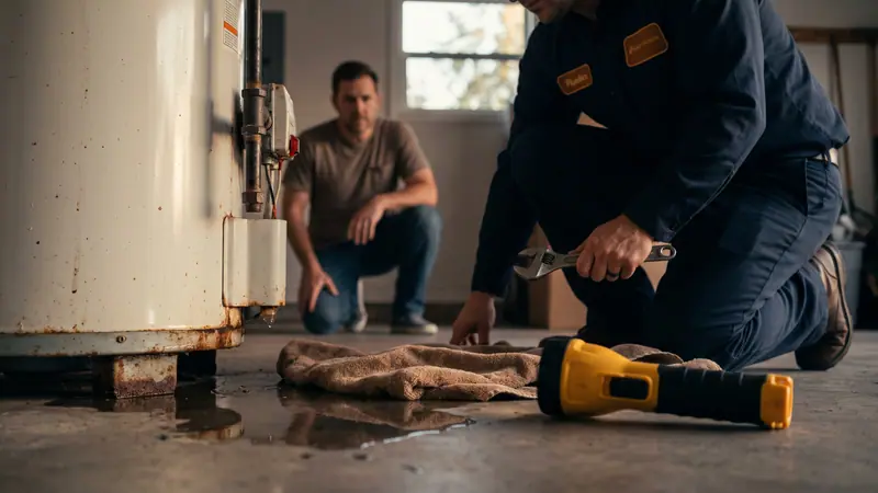 Water pooling at the base of a leaking water heater in a garage