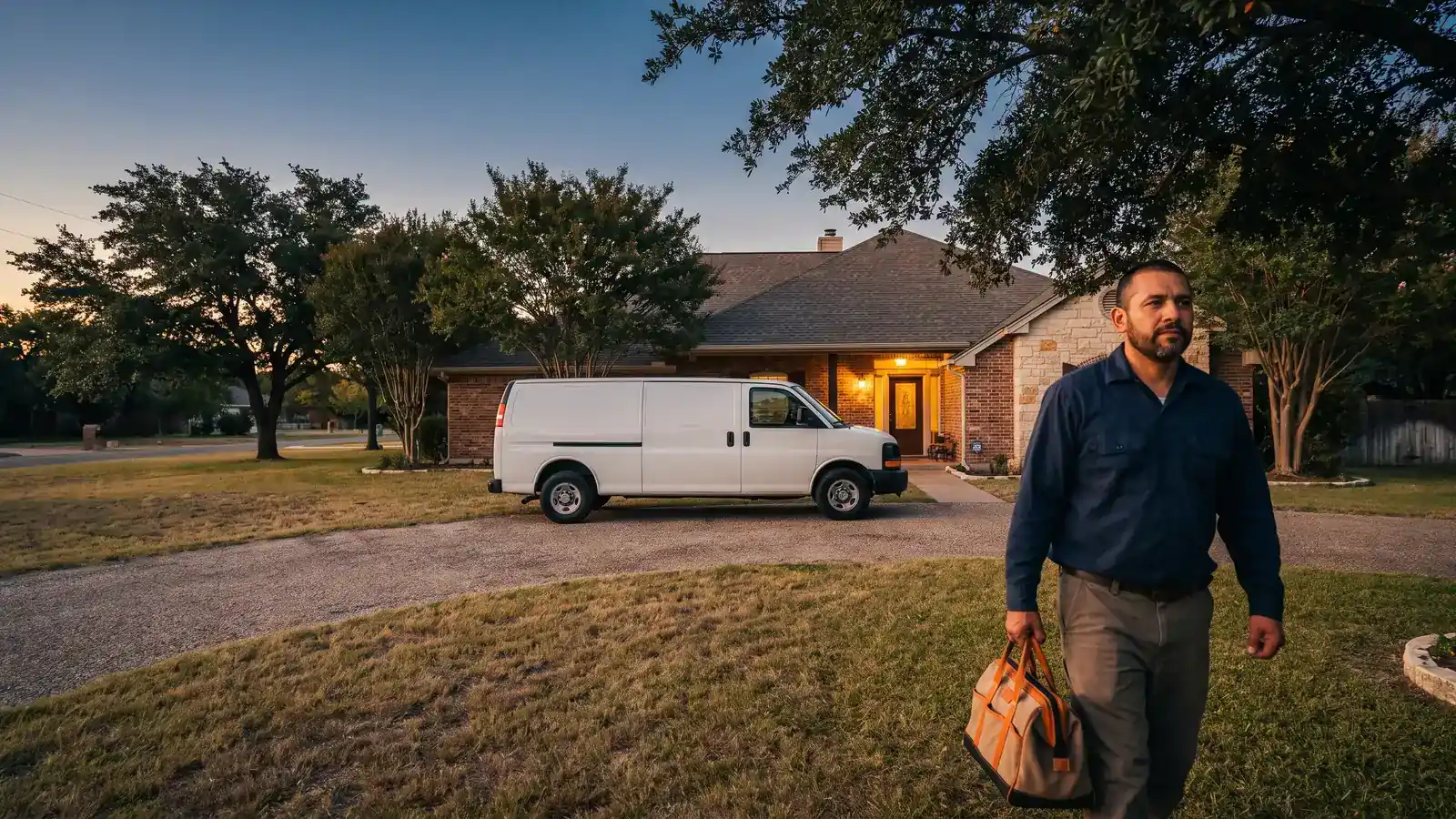 Hill Country Plumbing Pros service van arriving at a San Antonio home at dusk