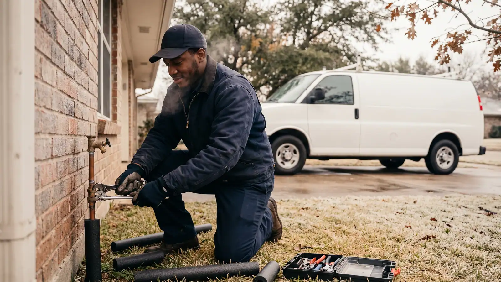 Plumber repairing a burst frozen pipe in a San Antonio attic after a winter freeze