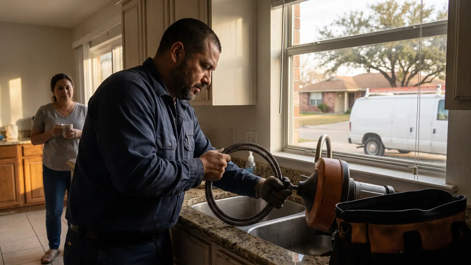 Plumber using a drain cable machine to clear a clogged kitchen drain in a San Antonio home