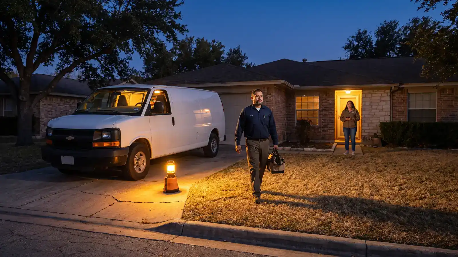 Emergency plumber arriving at a San Antonio home at night with service van
