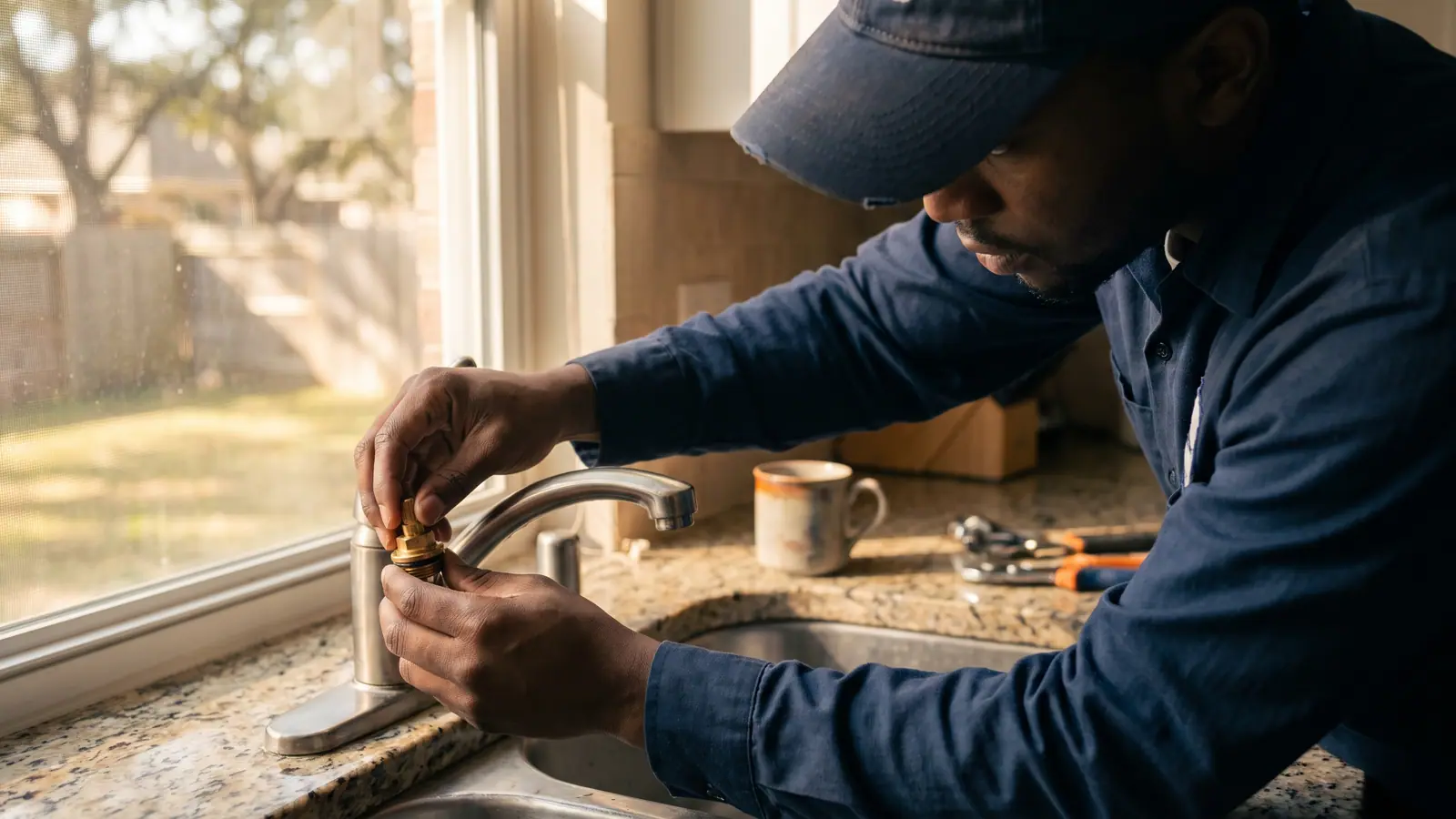 Plumber replacing a dripping kitchen faucet cartridge in a San Antonio home