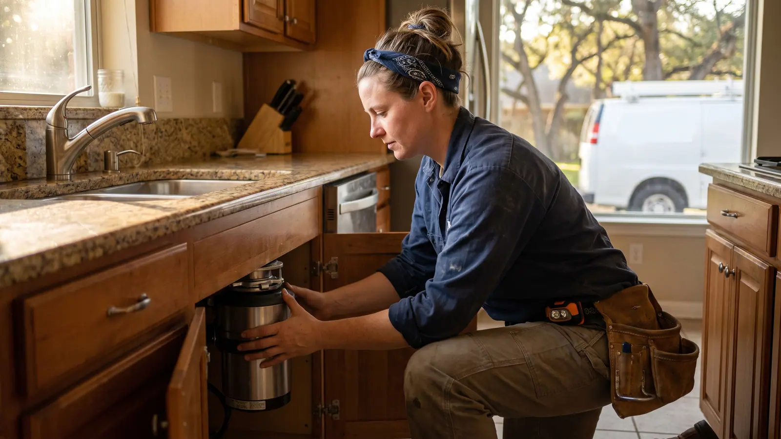 Plumber installing a new garbage disposal under a kitchen sink in San Antonio