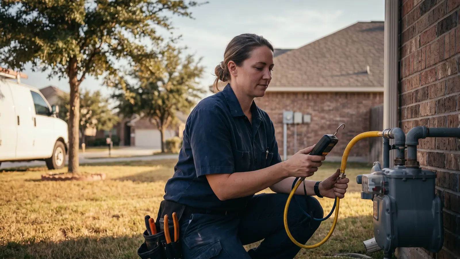 Licensed gas line plumber pressure testing a residential gas line in San Antonio