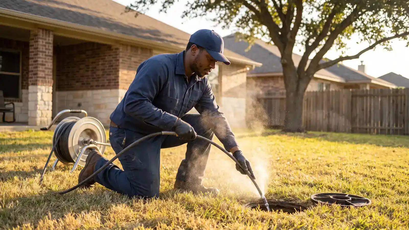 Hydro jetting machine clearing a San Antonio sewer line with high-pressure water hose at a cleanout
