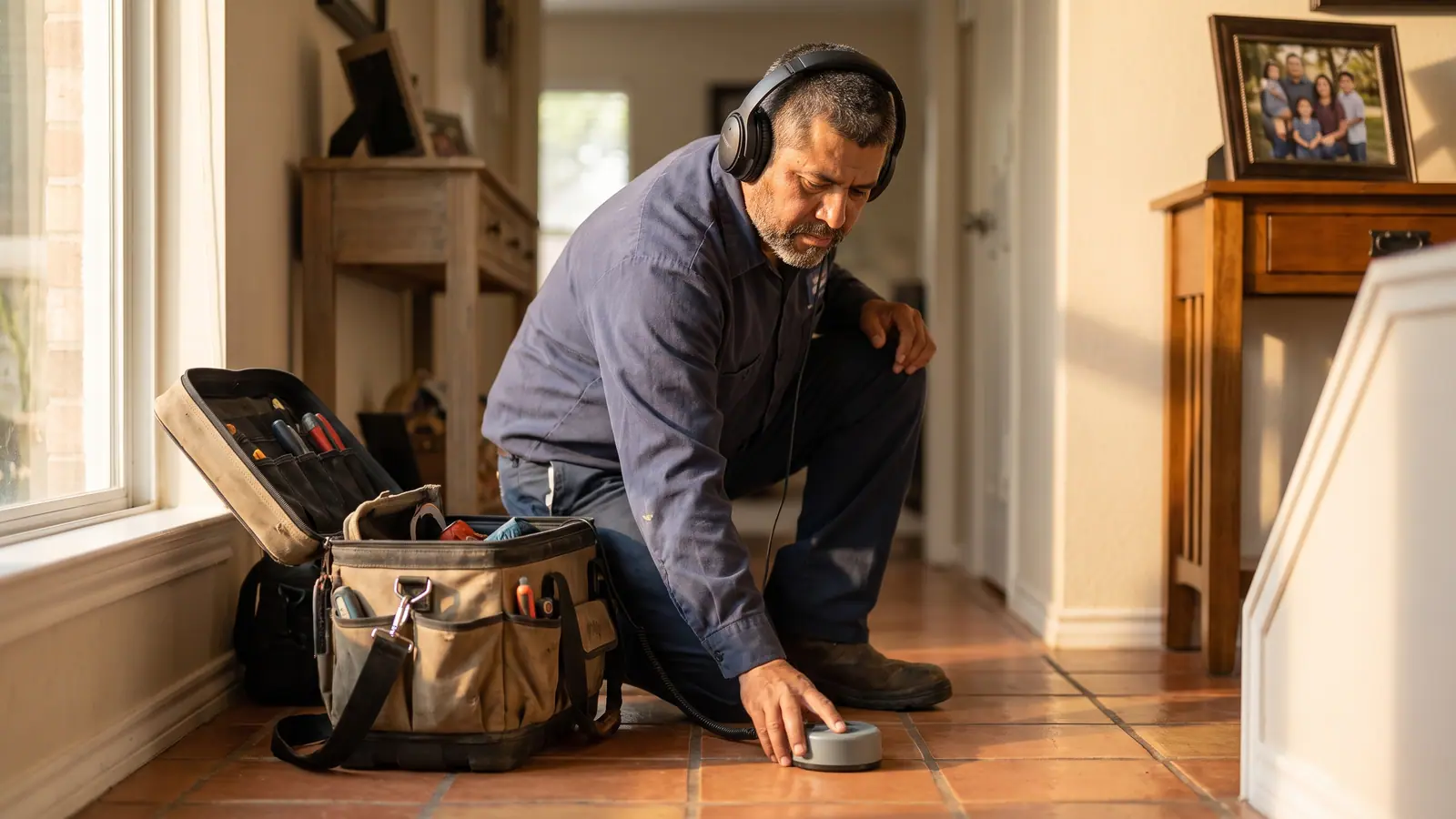 Technician using acoustic leak detection equipment to find a hidden water leak in a San Antonio home