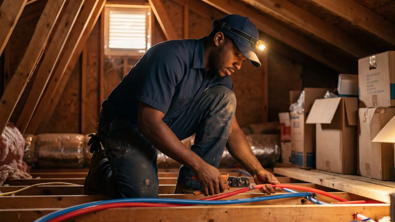 Plumber installing new PEX repiping through the attic of a San Antonio home