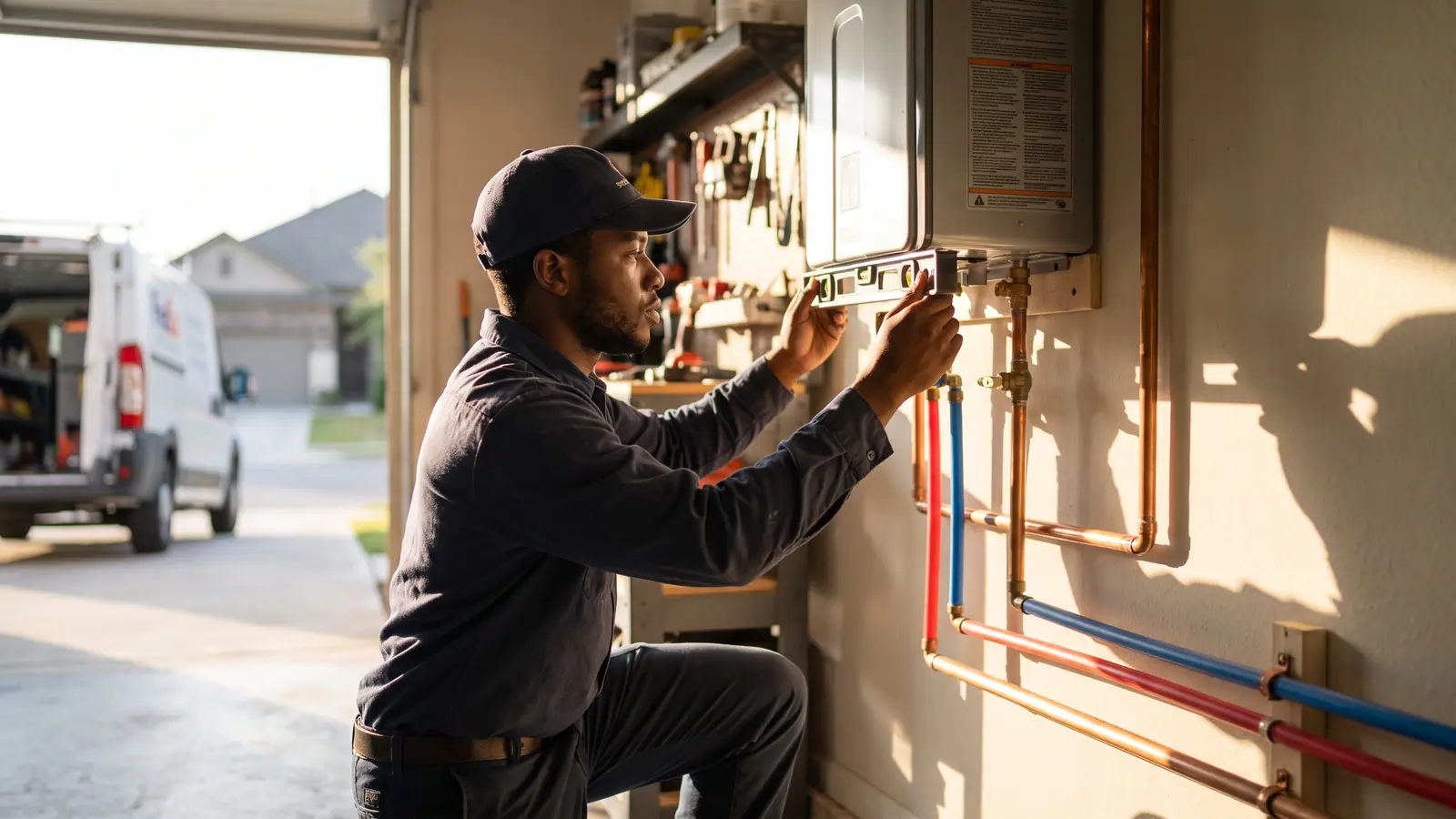 Wall-mounted tankless water heater installed with new gas line and venting in a San Antonio home