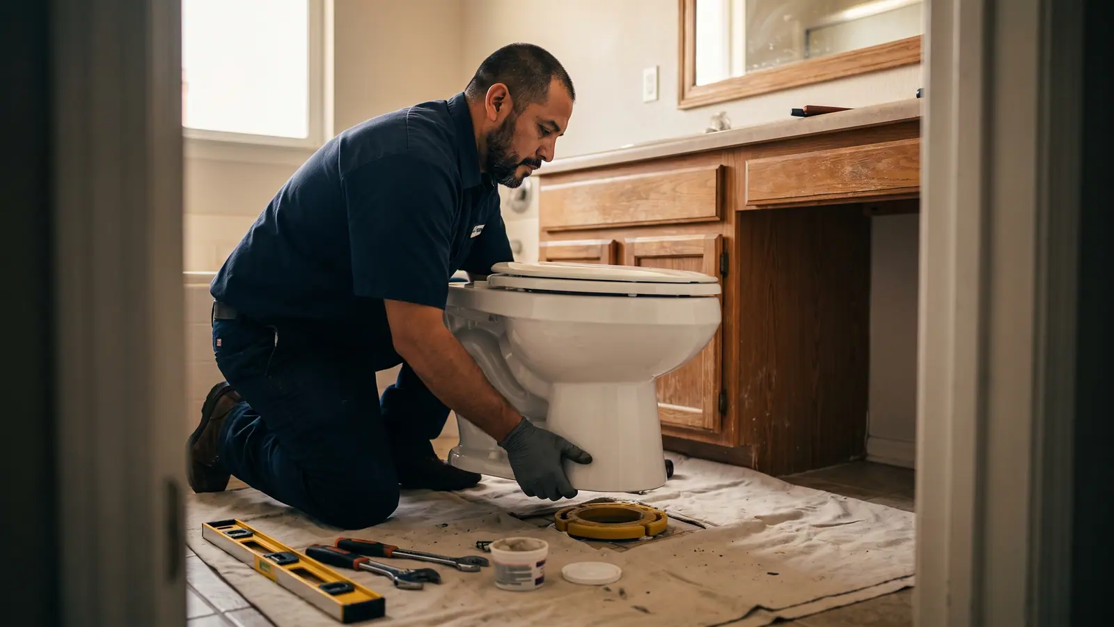 Plumber fixing a running toilet fill valve in a San Antonio home bathroom