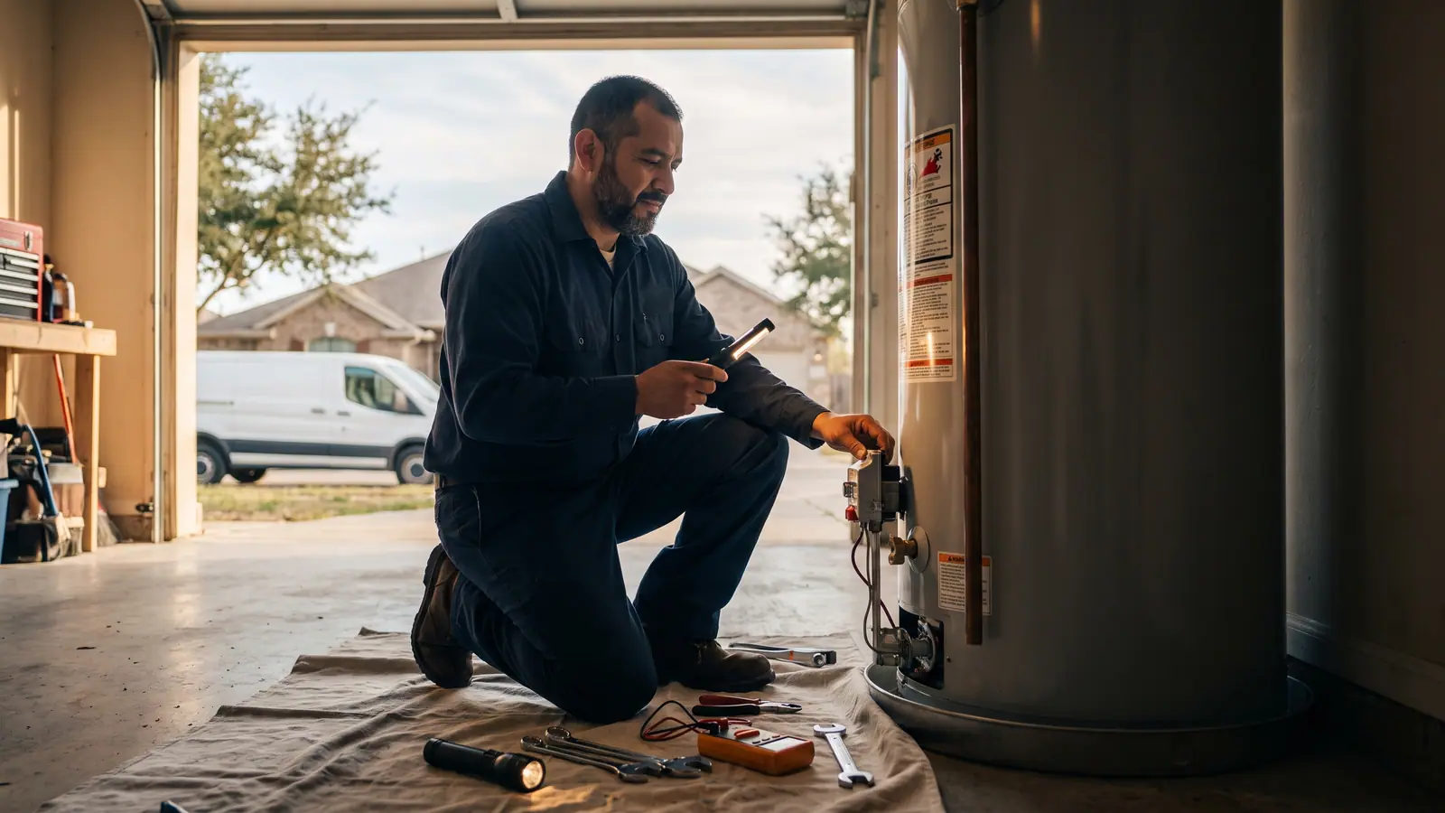 Plumber repairing a water heater in a San Antonio garage with tools on drop cloth