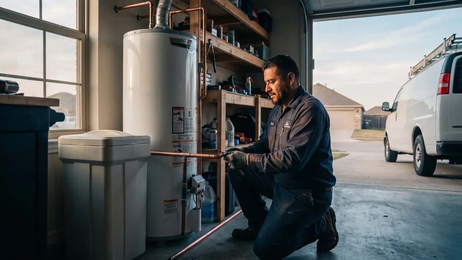 New water softener system installed on a garage softener loop in a San Antonio home